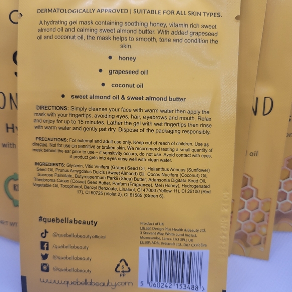 Que Bella honey & almond hydrating gel mask lot of 5 - Picture 2 of 2